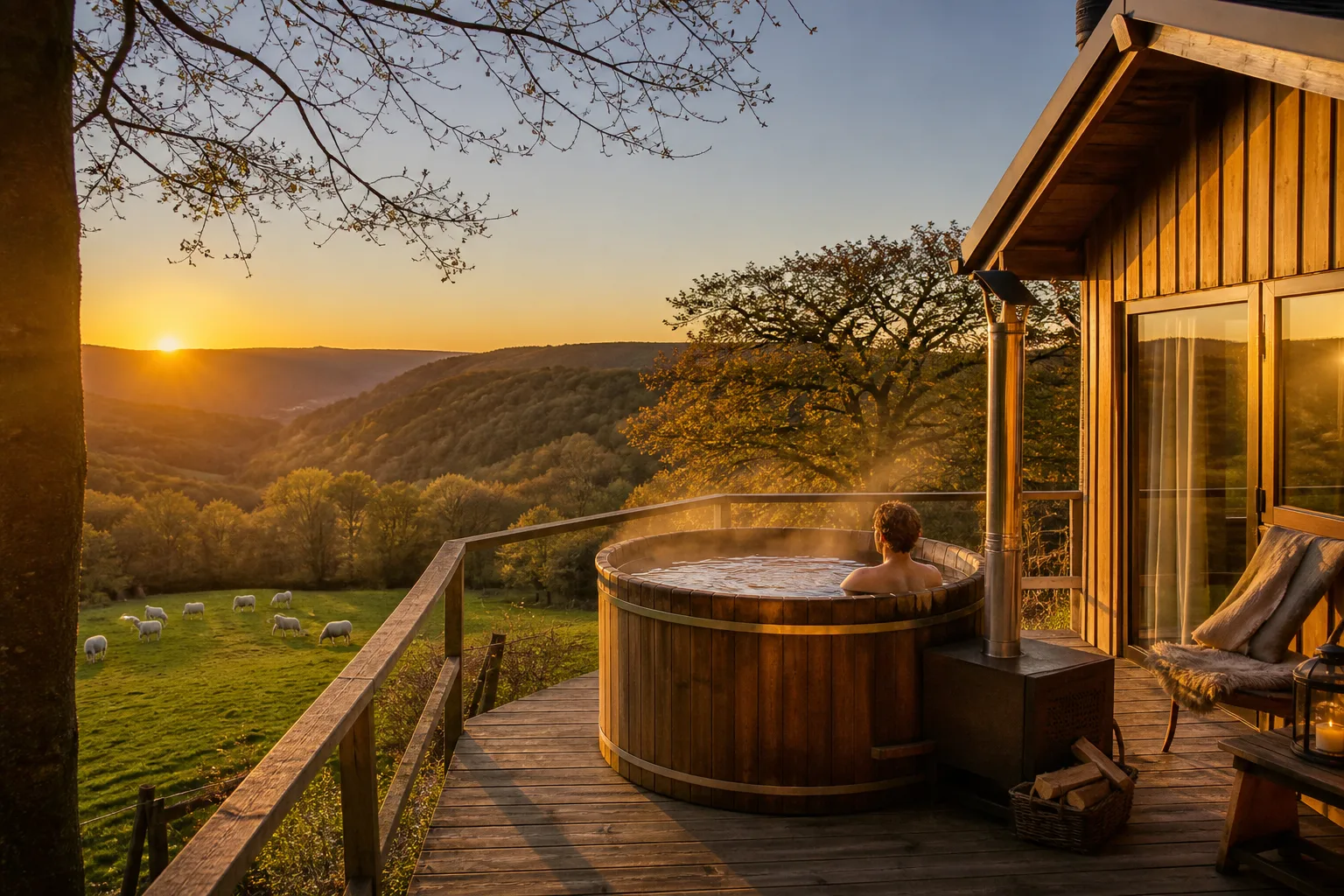 Timber cabin and hot tub on an Exmoor farm valley at Allercott