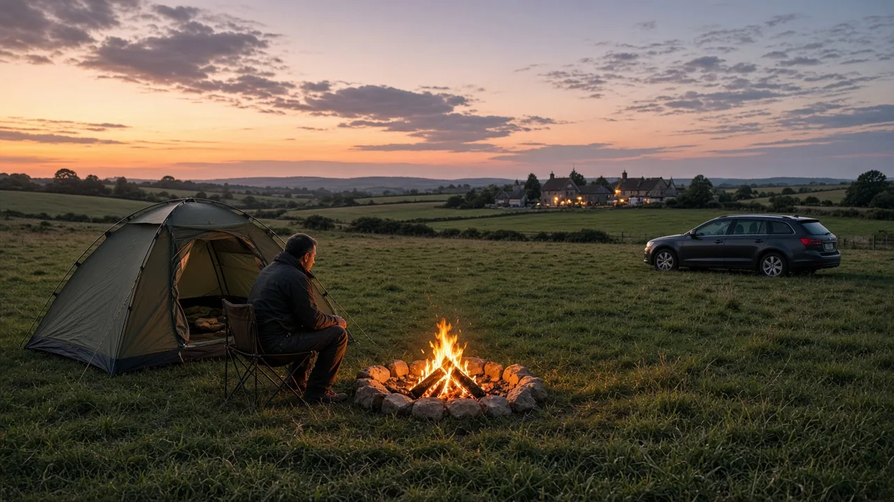 Single booked tent on a Kent farm grass pitch at golden hour as the legal alternative to unconsented camping