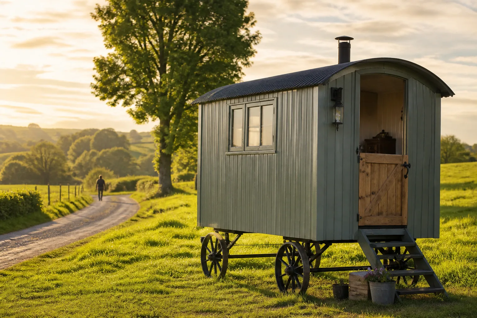Handcrafted shepherd huts on cast-iron wheels in a Cotswolds meadow at golden hour