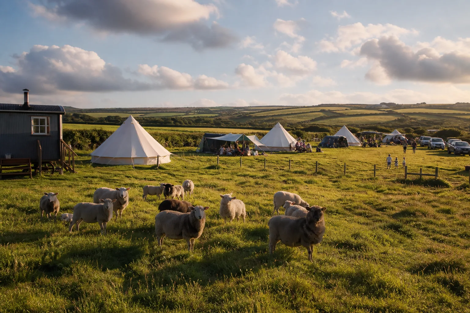 Bell tents and grass pitches on Pattacott Farm in North Cornwall
