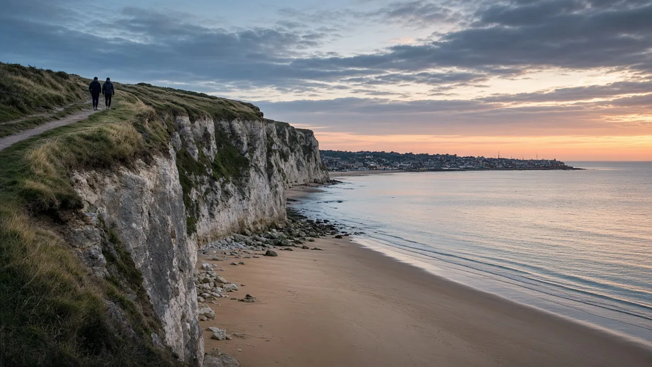 Empty chalk clifftop above Botany Bay at dusk, illustrating how to report wild camping in Thanet rather than pitching without consent