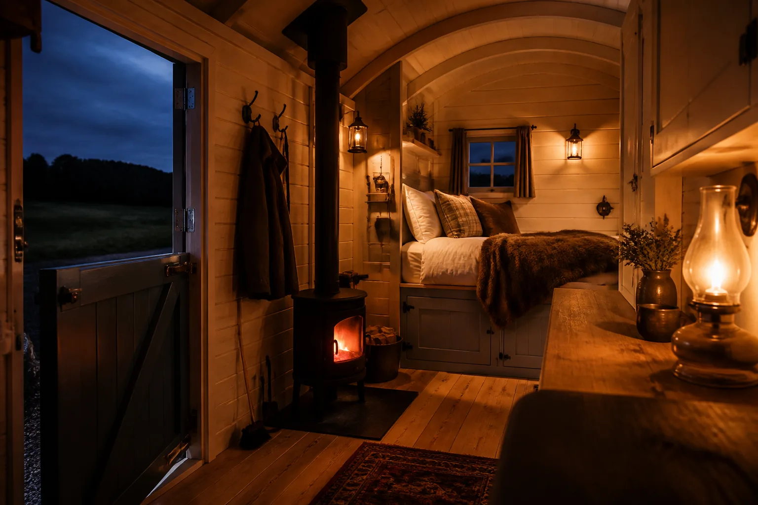 Interior of a timber shepherd hut with a wood stove and box bed at dusk