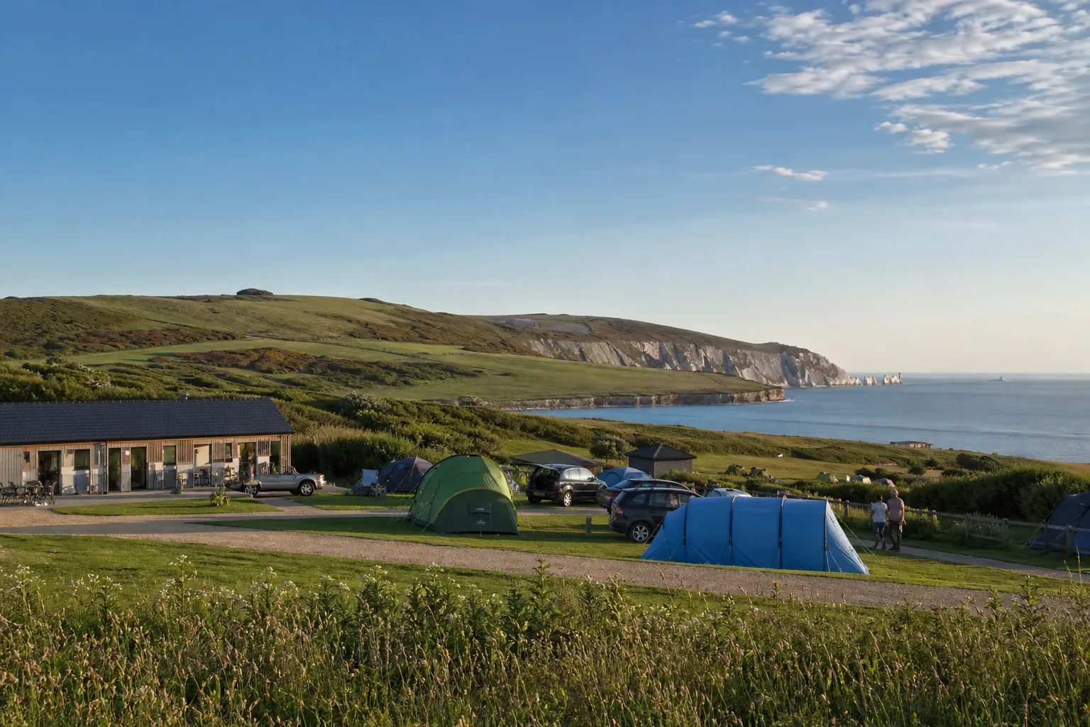 Pitches at Stoats Farm under the chalk downs at Totland Bay